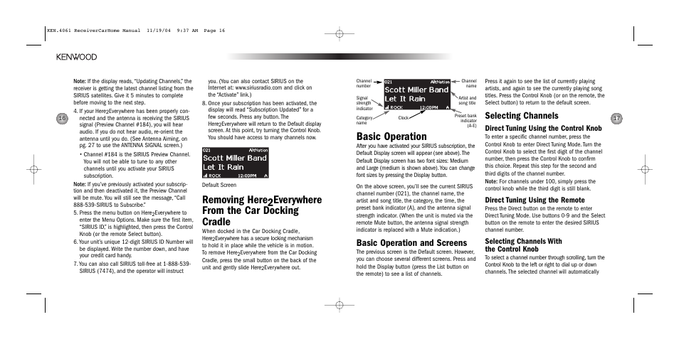 Basic operation, Basic operation and screens, Selecting channels | Direct tuning using the control knob, Direct tuning using the remote, Selecting channels with the control knob | Kenwood HERE2EVERYWHERE SYSTEM-H2EV User Manual | Page 9 / 17