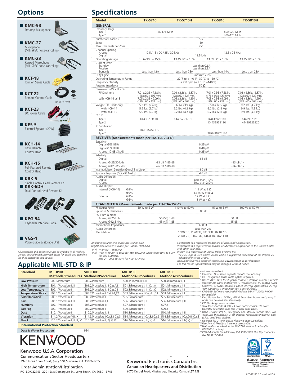 Options specifications, Applicable mil-std & ip, Kmc-9b | Kmc-27, Kmc-28, Kct-18, Kct-22, Kct-23, Kes-5, Kch-14 | Kenwood FleetSync TK-5710(H) User Manual | Page 2 / 2