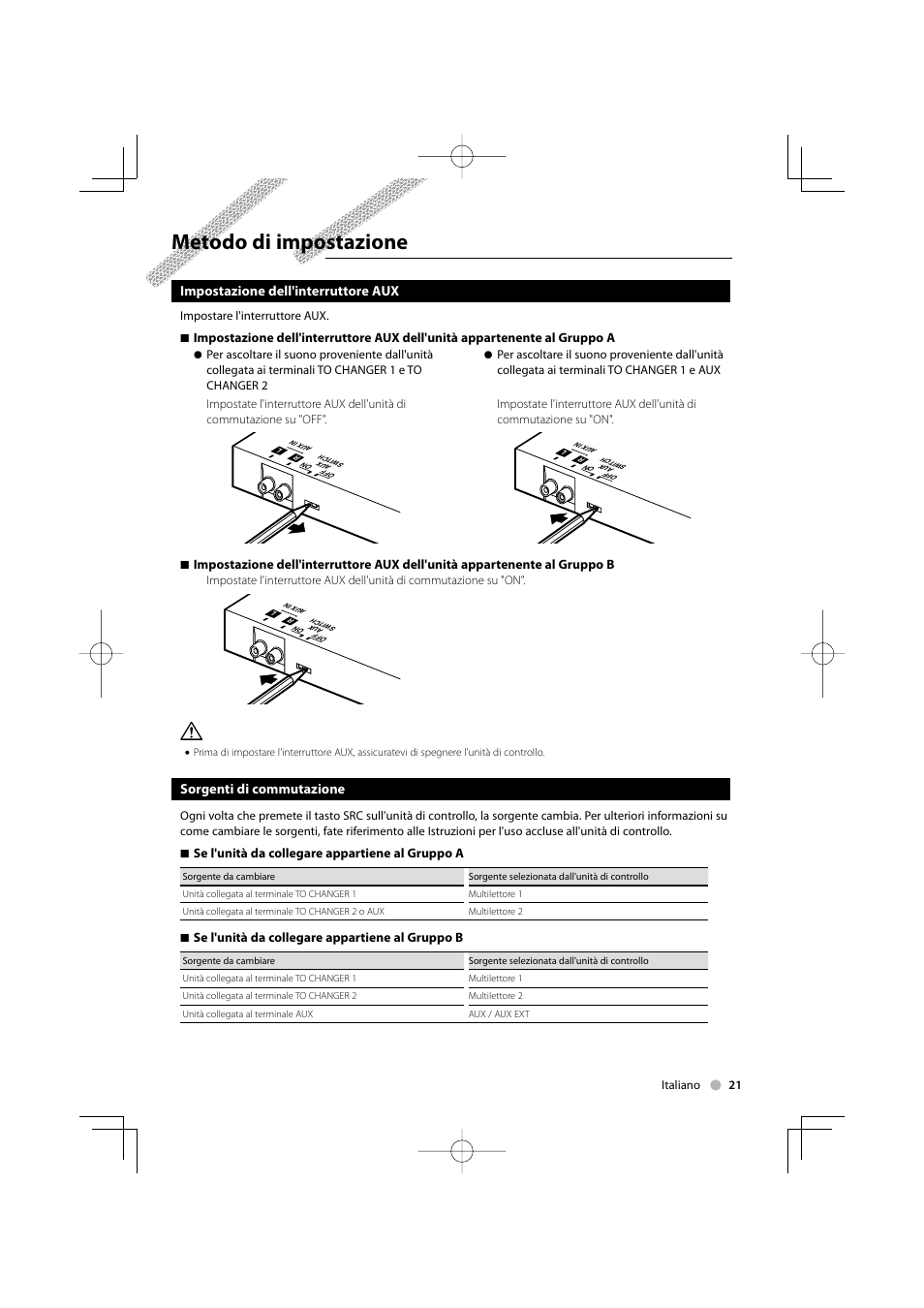 Metodo di impostazione, Impostazione dell'interruttore aux, Sorgenti di commutazione | Kenwood KCA-S220A User Manual | Page 21 / 32