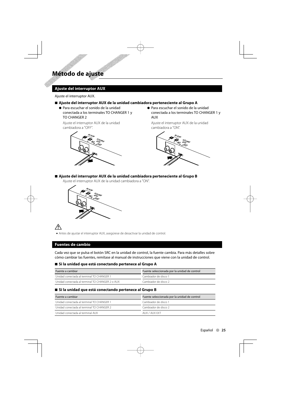 Método de ajuste, Ajuste del interruptor aux, Fuentes de cambio | Kenwood KCA-S220A User Manual | Page 25 / 32