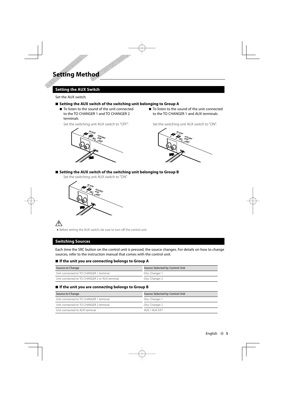 Setting method, Setting the aux switch, Switching sources | Kenwood KCA-S220A User Manual | Page 5 / 32