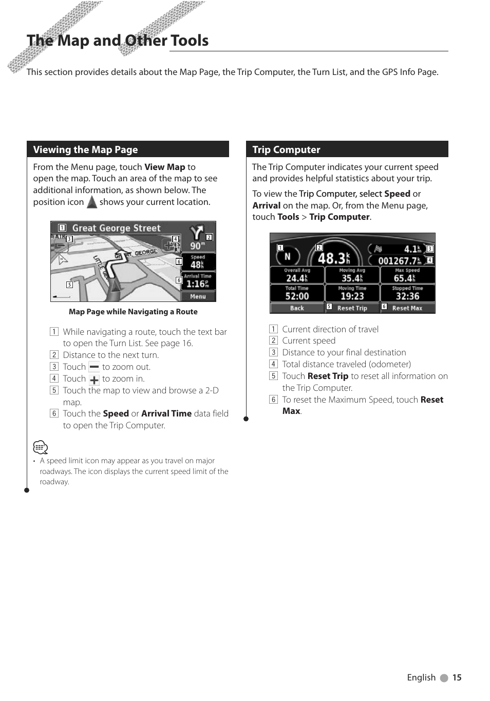 The map and other tools, Viewing the map page, Trip computer | Kenwood DNX5240BT User Manual | Page 15 / 28