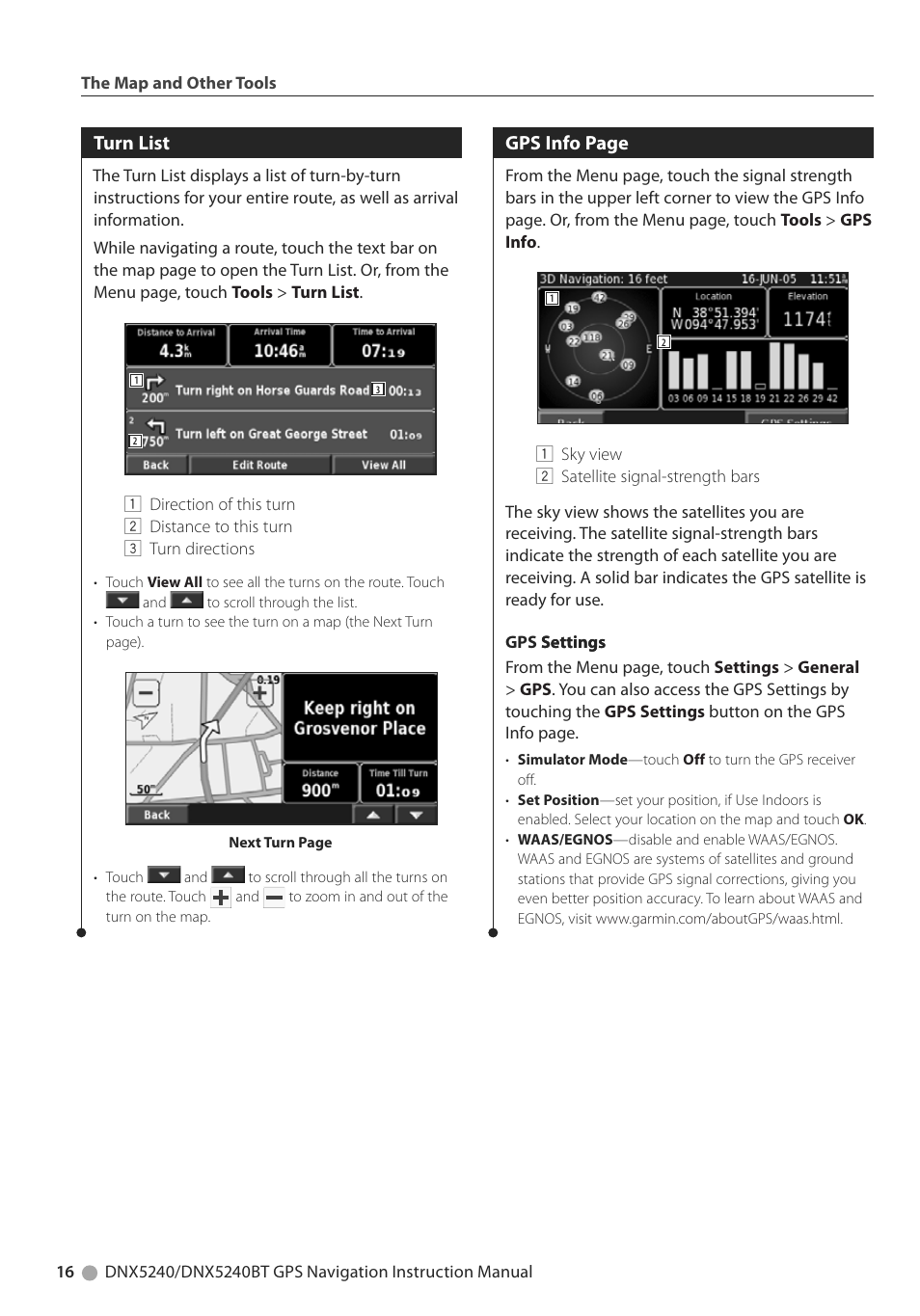 Turn list, Gps info page | Kenwood DNX5240BT User Manual | Page 16 / 28