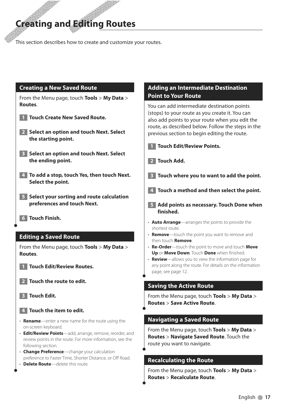 Creating and editing routes | Kenwood DNX5240BT User Manual | Page 17 / 28