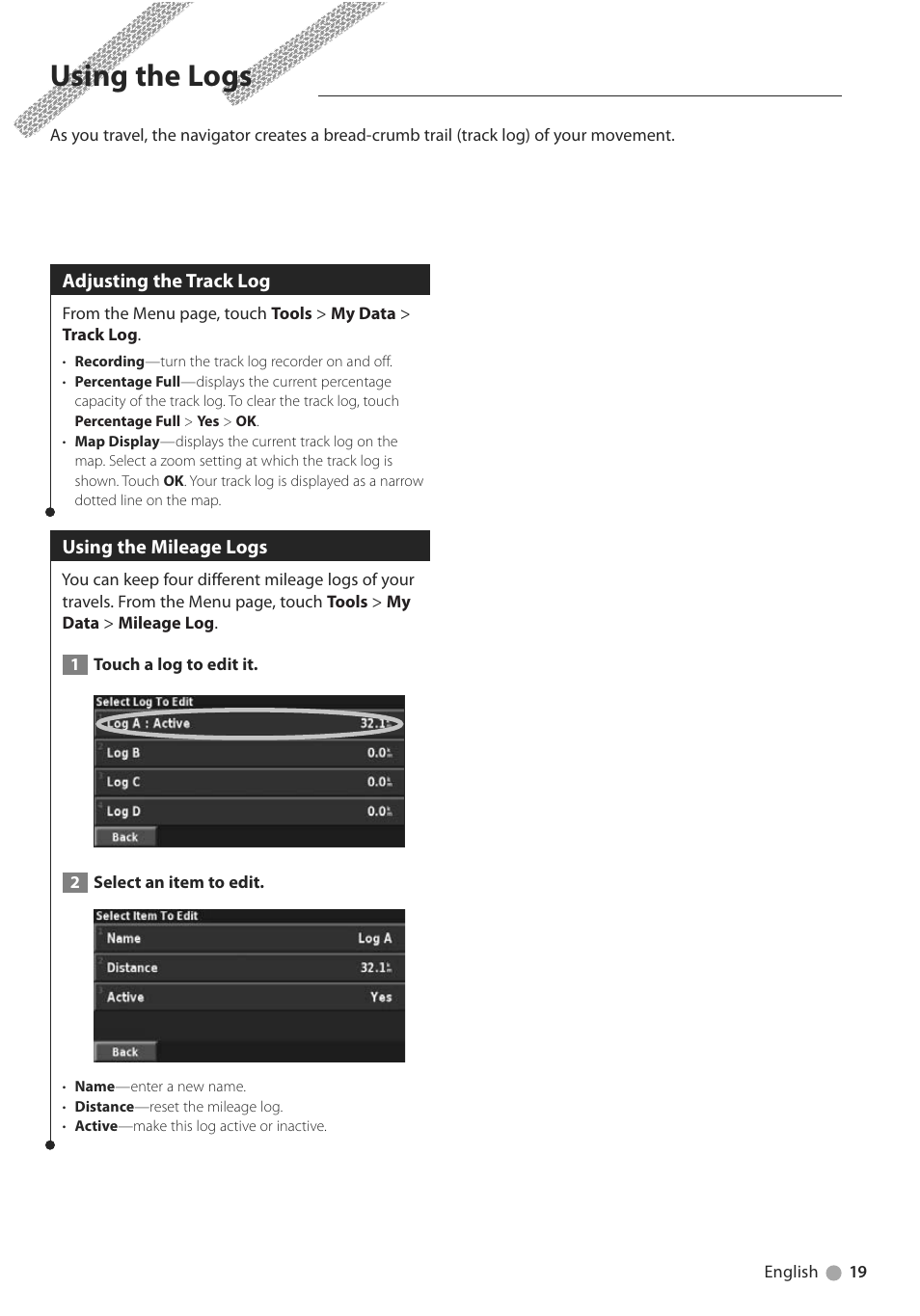 Using the logs | Kenwood DNX5240BT User Manual | Page 19 / 28