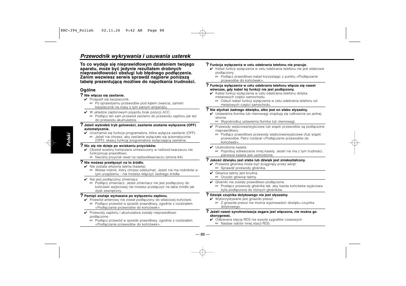 Przewodnik wykrywania i usuwania usterek | Kenwood KRC-394 User Manual | Page 88 / 124