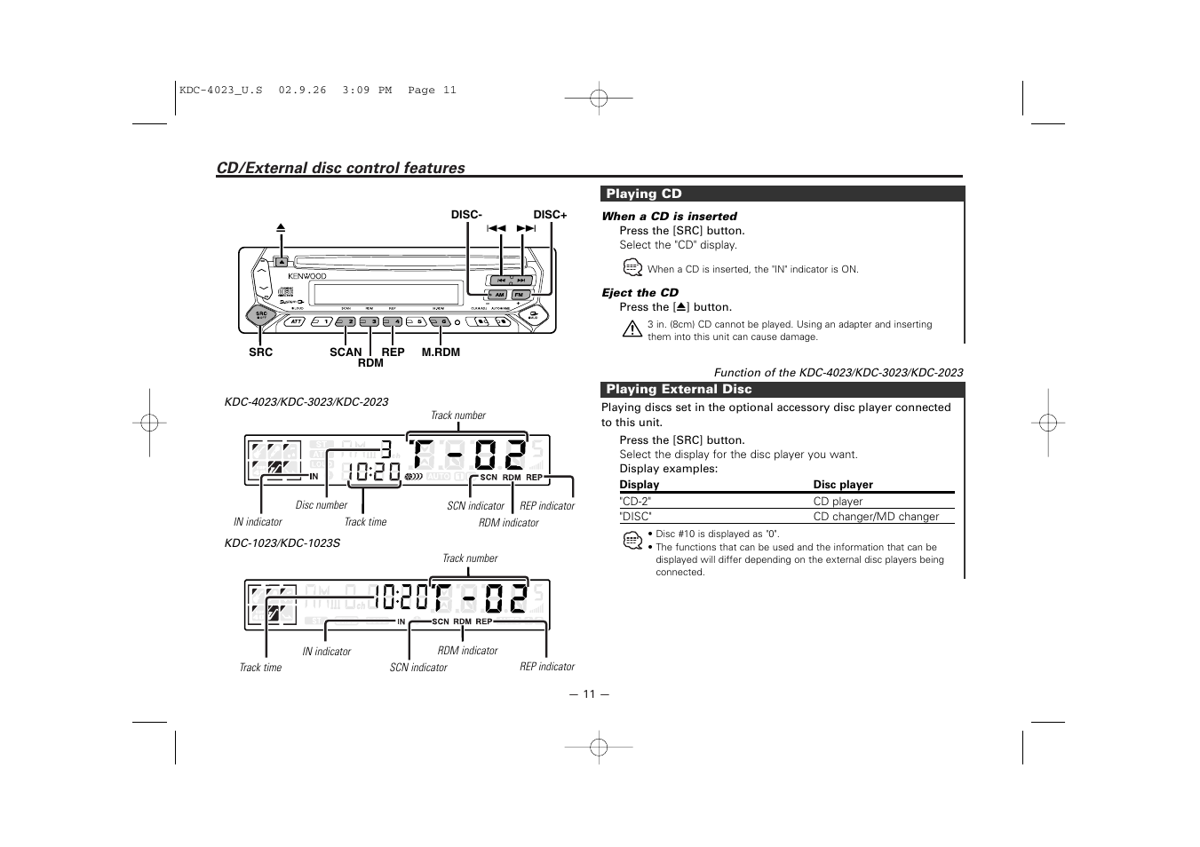 Cd/external disc control features | Kenwood KDC-3023 User Manual | Page 11 / 22