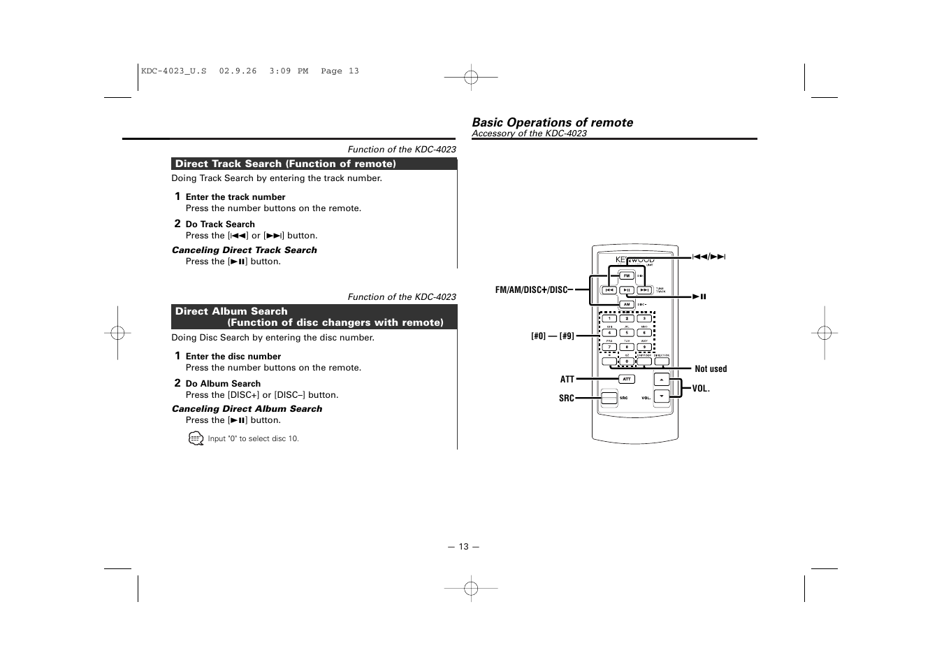 Basic operations of remote | Kenwood KDC-3023 User Manual | Page 13 / 22