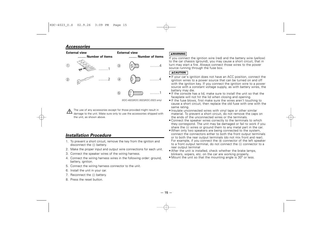 Accessories, Installation procedure | Kenwood KDC-3023 User Manual | Page 15 / 22