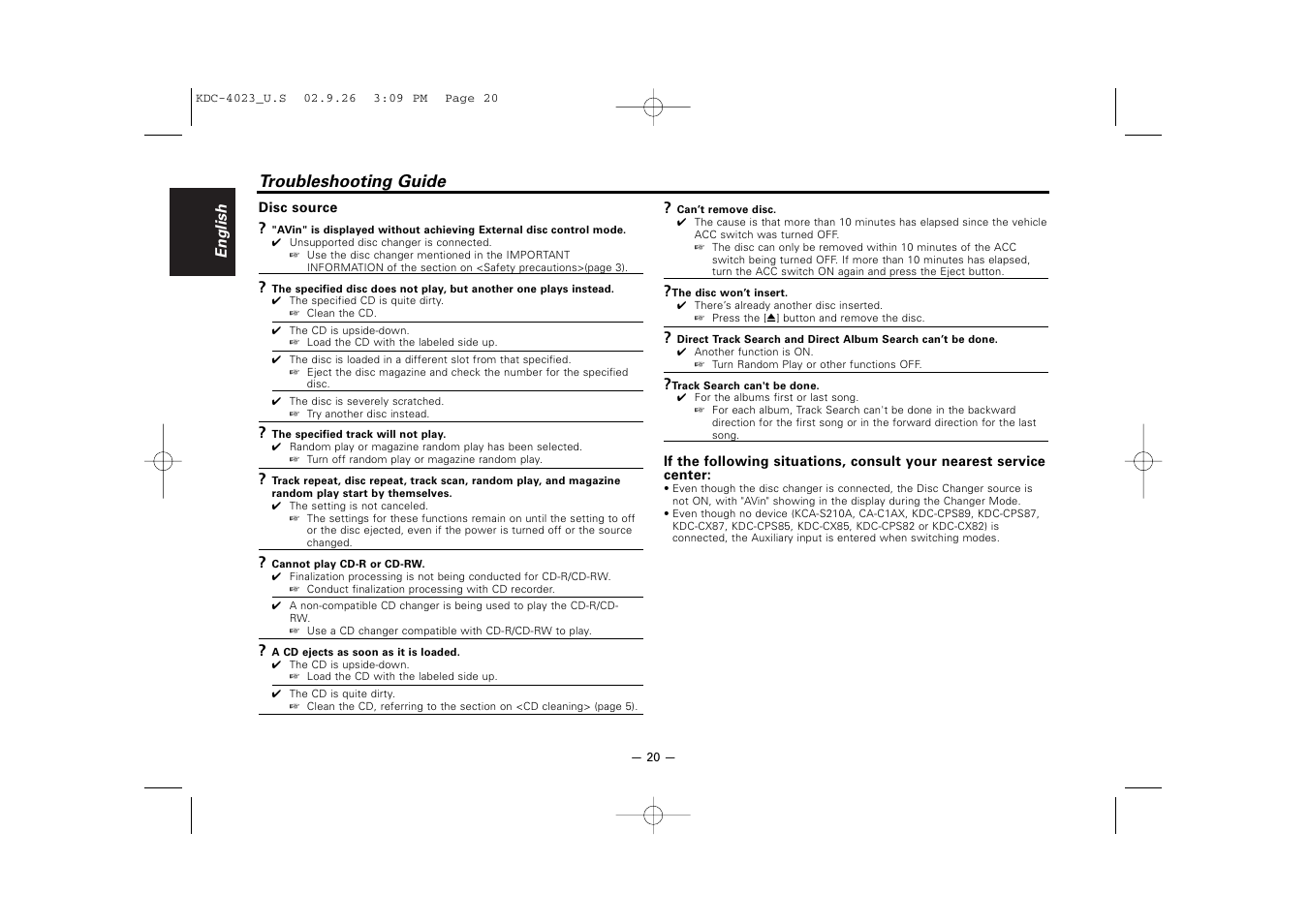 Troubleshooting guide | Kenwood KDC-3023 User Manual | Page 20 / 22