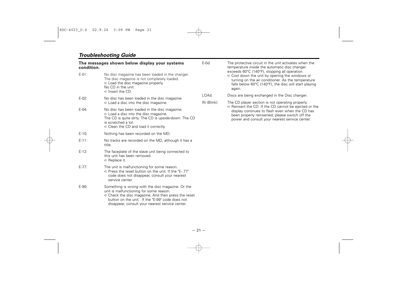 Troubleshooting guide | Kenwood KDC-3023 User Manual | Page 21 / 22