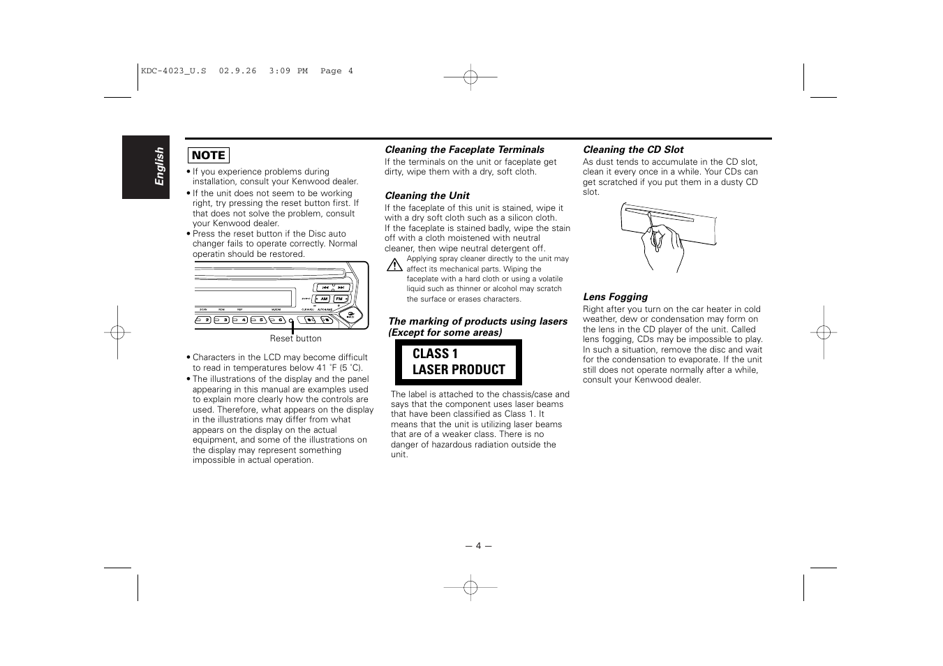 Class 1 laser product | Kenwood KDC-3023 User Manual | Page 4 / 22