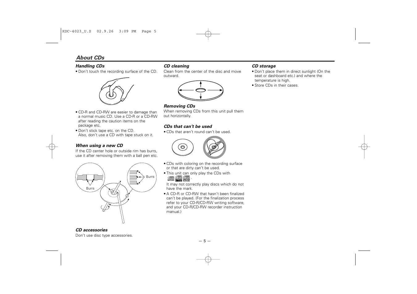 About cds | Kenwood KDC-3023 User Manual | Page 5 / 22