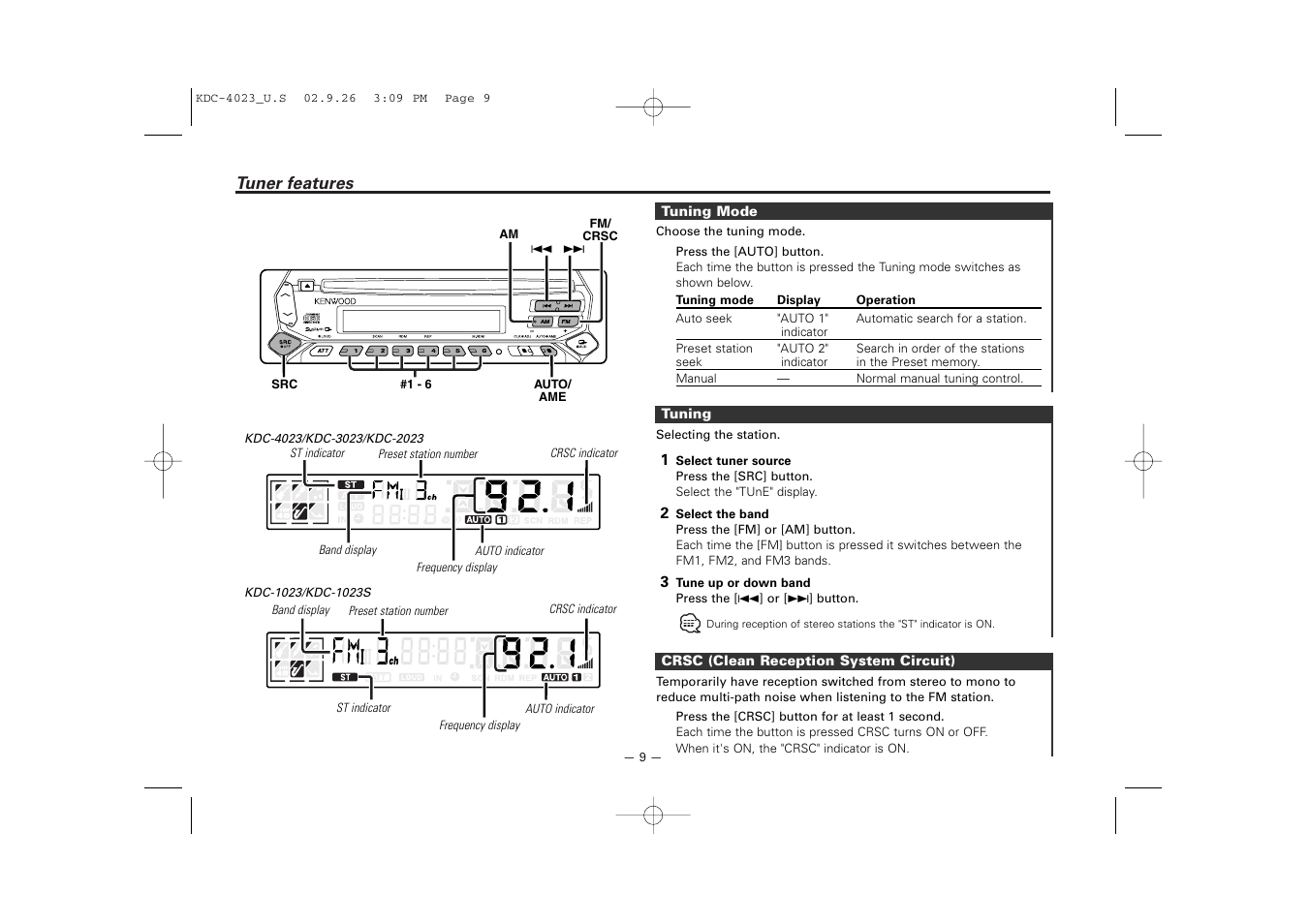 Tuner features | Kenwood KDC-3023 User Manual | Page 9 / 22