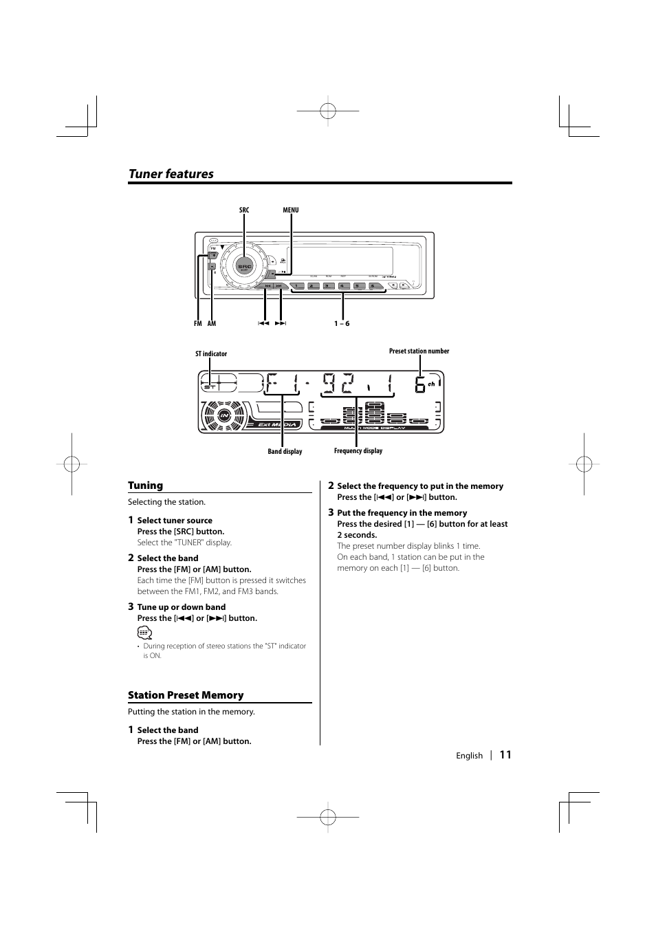 Tuner features, Tuning | Kenwood KDC-5027 EN User Manual | Page 11 / 32