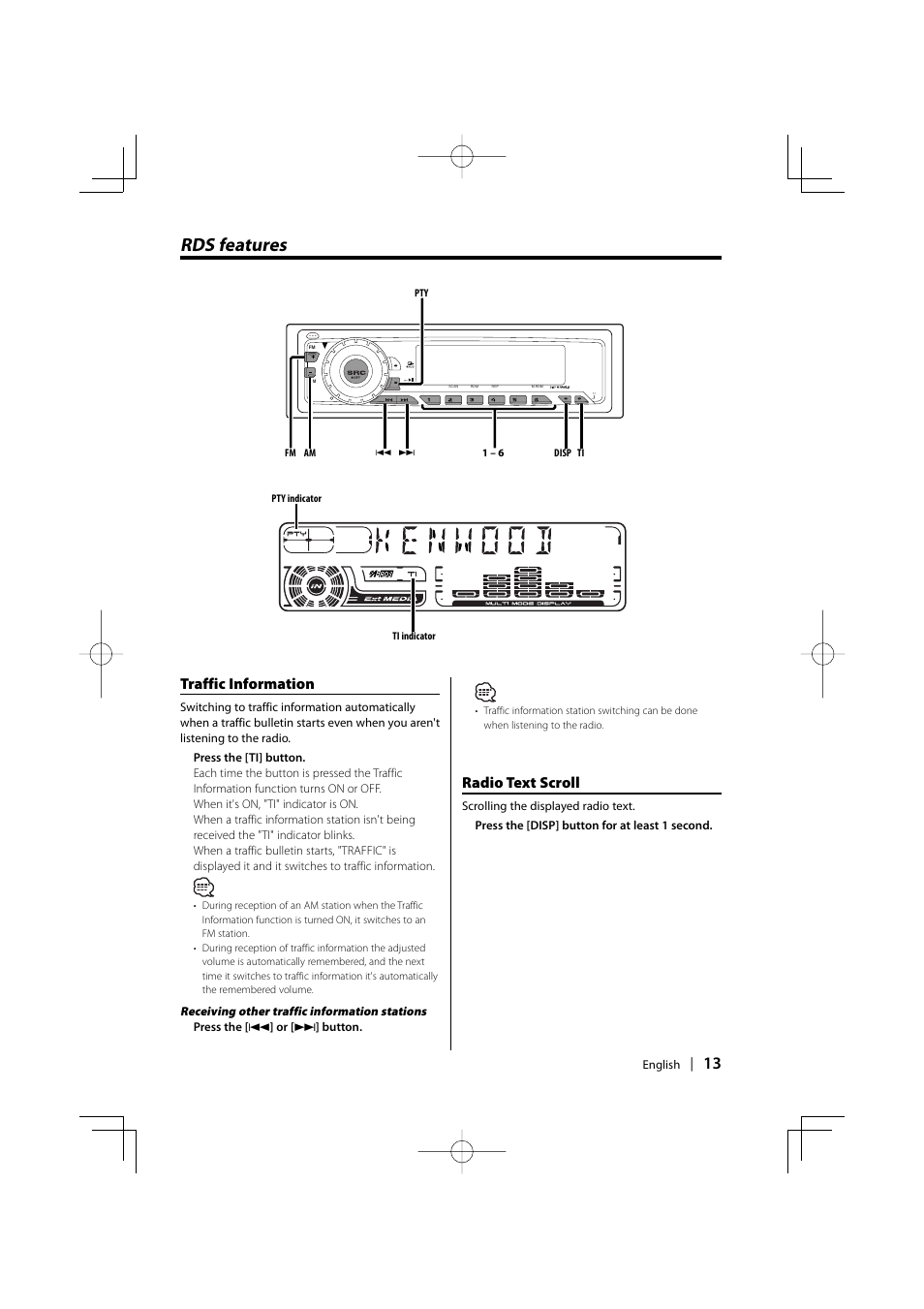 Rds features, Traffic information, Radio text scroll | Kenwood KDC-5027 EN User Manual | Page 13 / 32