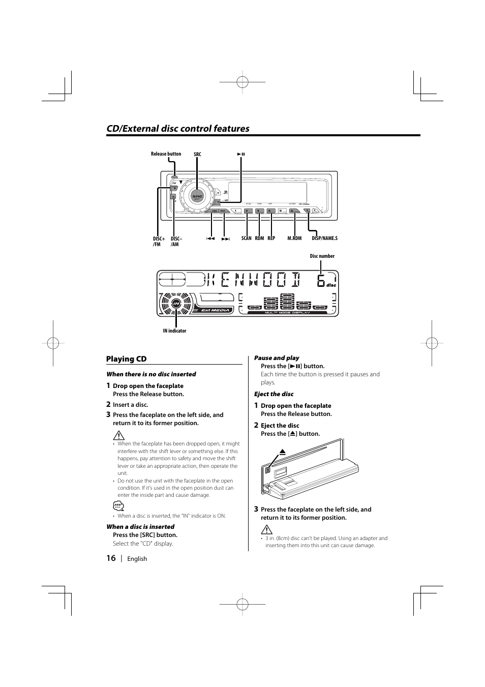 Cd/external disc control features, Playing cd | Kenwood KDC-5027 EN User Manual | Page 16 / 32