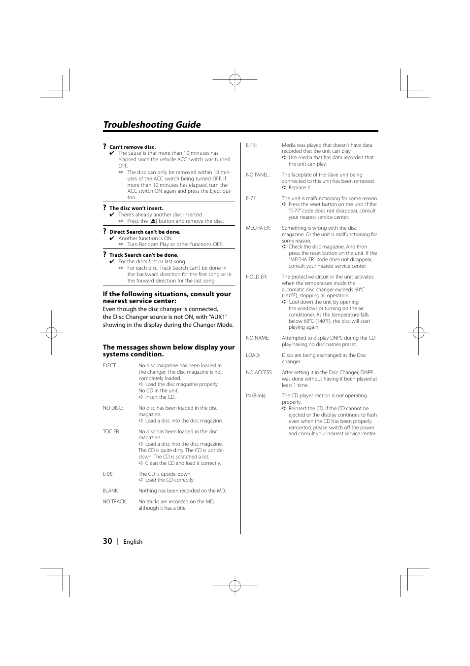 Troubleshooting guide | Kenwood KDC-5027 EN User Manual | Page 30 / 32