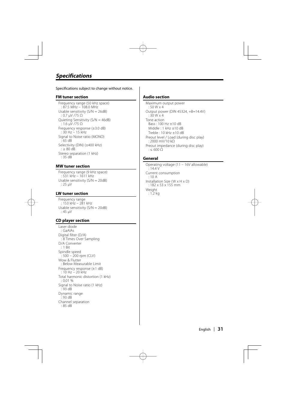 Specifications | Kenwood KDC-5027 EN User Manual | Page 31 / 32