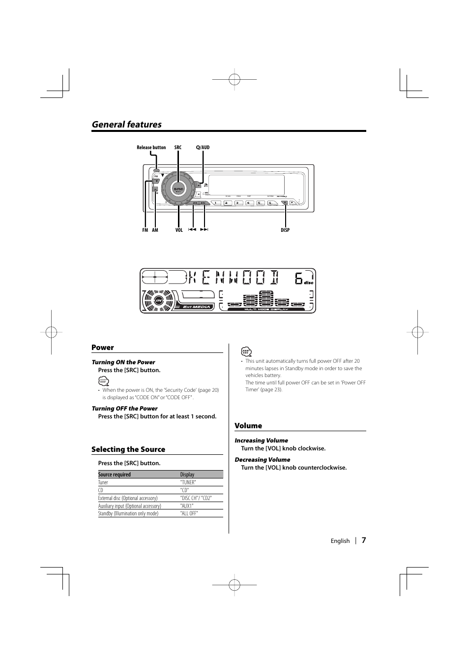 General features, Power, Selecting the source | Volume | Kenwood KDC-5027 EN User Manual | Page 7 / 32