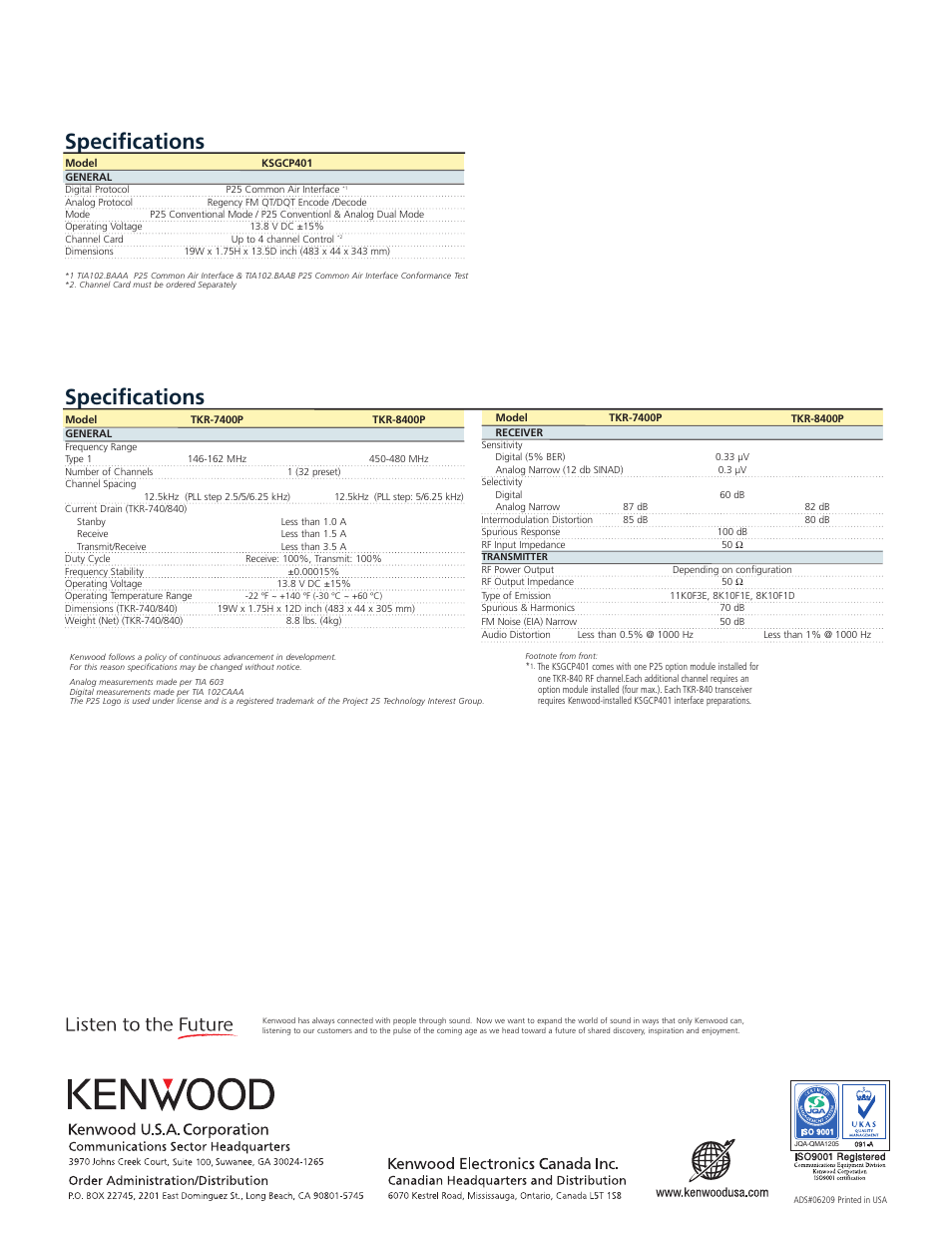 Specifications | Kenwood TKR-8400P User Manual | Page 2 / 2