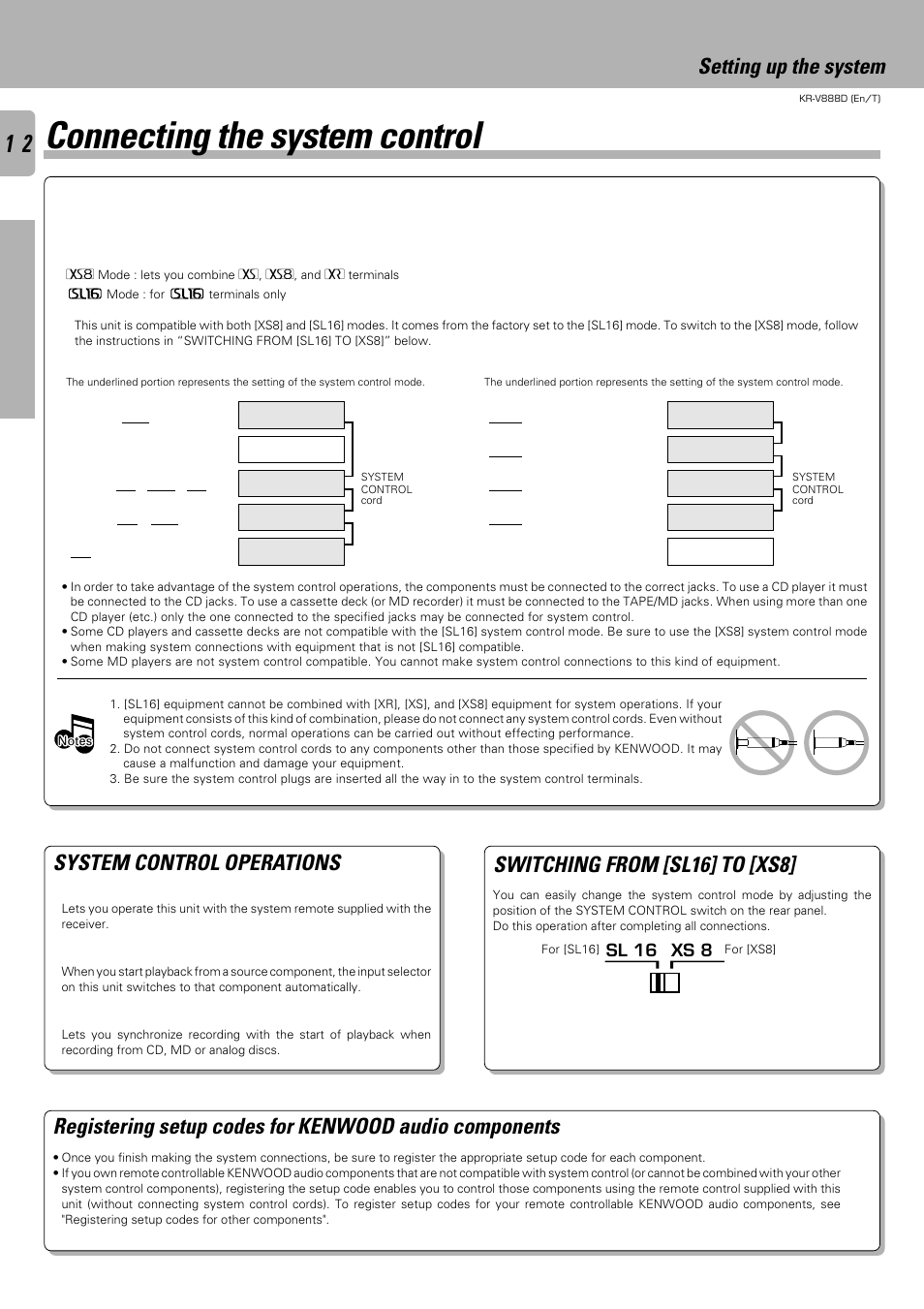 Connecting the system control, System control operations, Switching from [sl16] to [xs8 | Setting up the system | Kenwood KR-V888D User Manual | Page 12 / 60