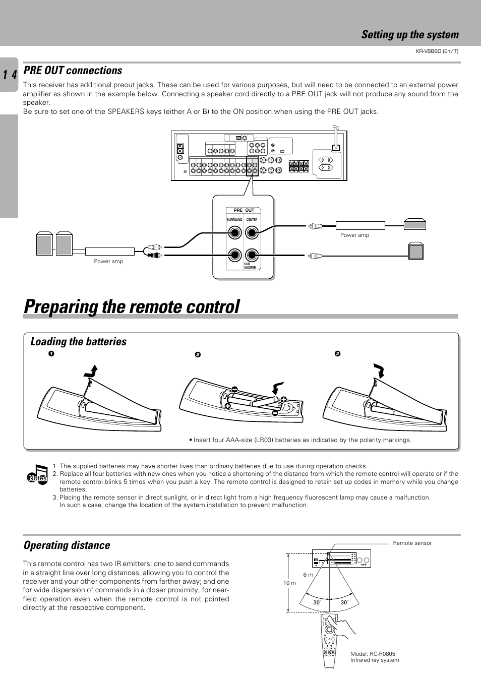 Preparing the remote control, Setting up the system operating distance, Pre out connections | Loading the batteries | Kenwood KR-V888D User Manual | Page 14 / 60