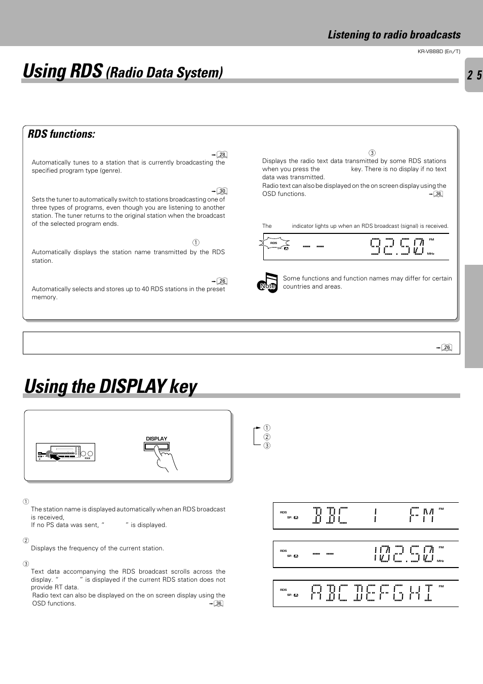 Bbc 1 fm, Abcdefg hi, Using rds | Using the display key, Radio data system), Listening to radio broadcasts, Rds functions | Kenwood KR-V888D User Manual | Page 25 / 60