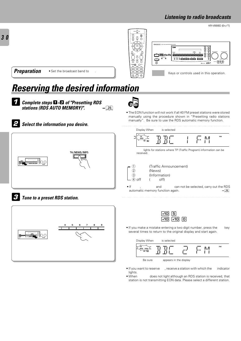 Bbc 2 f m, Bbc 1 f m, Reserving the desired information | Listening to radio broadcasts, Preparation, Operations, Press the numeric keys in the following order, Keys or controls used in this operation, Set the broadcast band to fm, Be sure "eon" appears in the display | Kenwood KR-V888D User Manual | Page 30 / 60