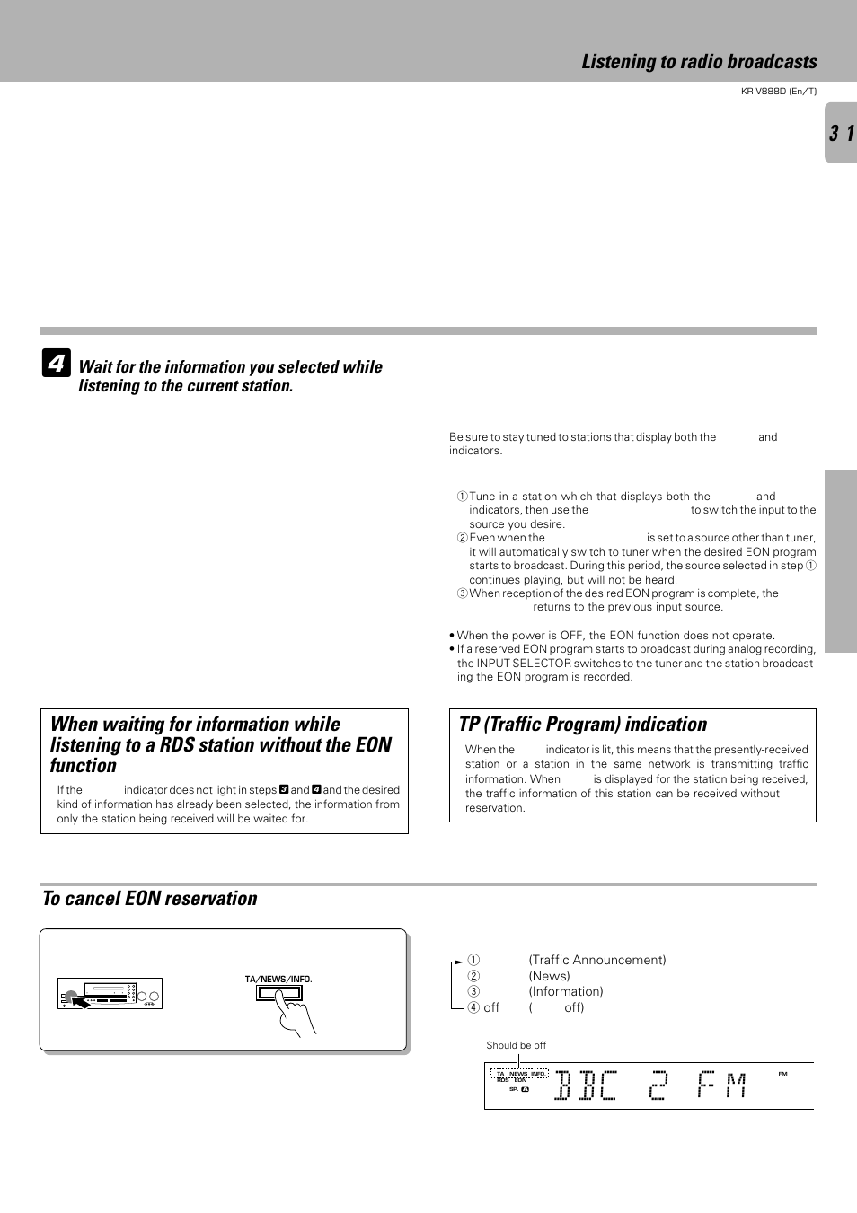 Bbc 2 f m, Listening to radio broadcasts, Tp (traffic program) indication | Kenwood KR-V888D User Manual | Page 31 / 60