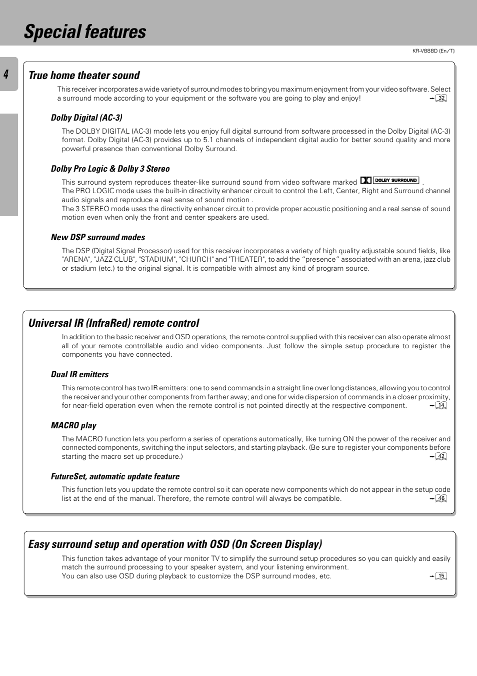 Special features, True home theater sound, Universal ir (infrared) remote control | Kenwood KR-V888D User Manual | Page 4 / 60