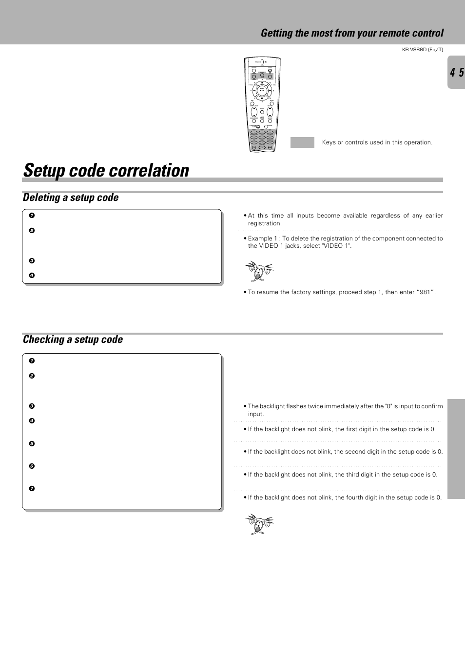 Setup code correlation, Getting the most from your remote control, Deleting a setup code | Checking a setup code, Remote control, Perform each step within 5 seconds | Kenwood KR-V888D User Manual | Page 45 / 60