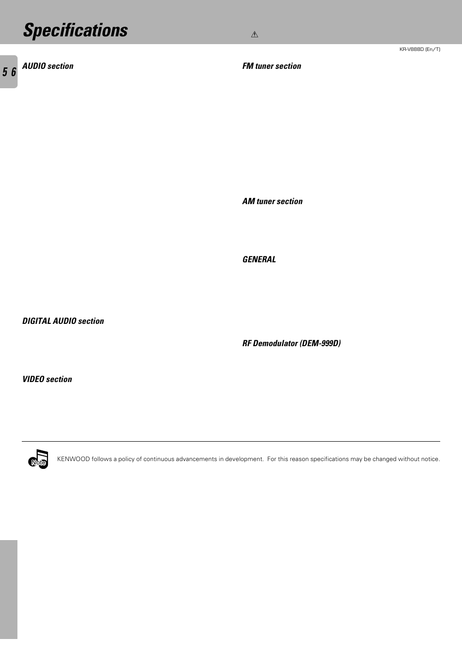 Specifications, General, Rf demodulator (dem-999d) | Kenwood KR-V888D User Manual | Page 56 / 60