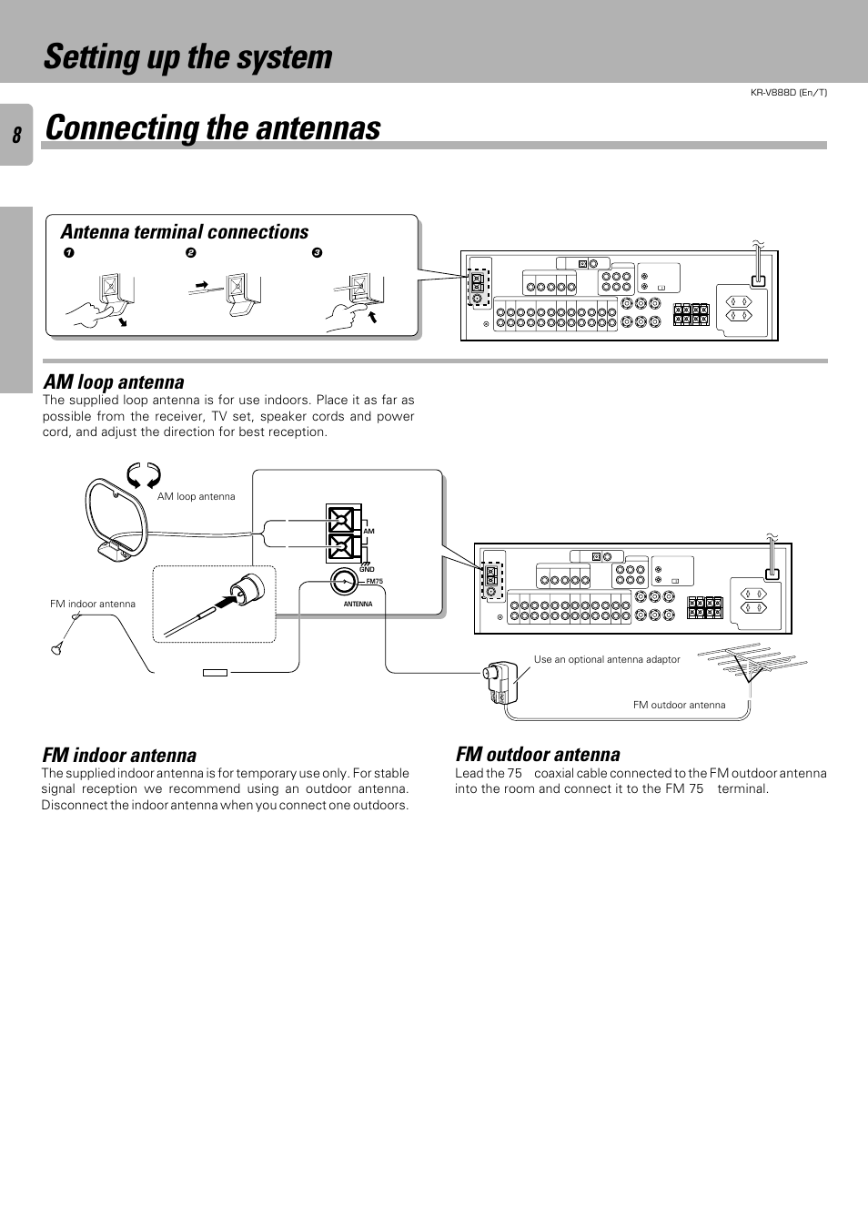 Setting up the system connecting the antennas, Antenna terminal connections, Am loop antenna | Fm indoor antenna, Fm outdoor antenna | Kenwood KR-V888D User Manual | Page 8 / 60