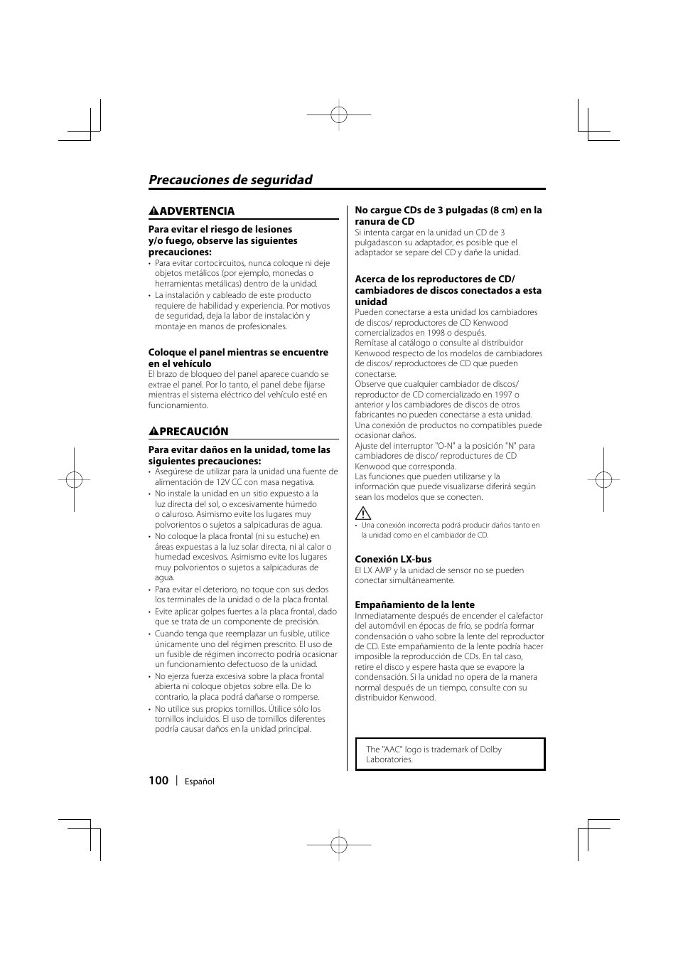 Precauciones de seguridad | Kenwood eXcelon KDC-X590 User Manual | Page 100 / 144