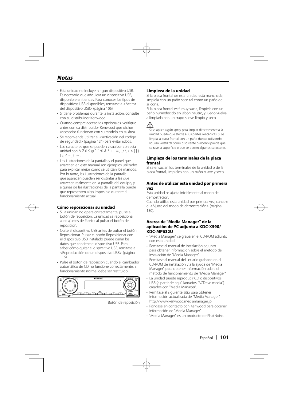 Notas | Kenwood eXcelon KDC-X590 User Manual | Page 101 / 144