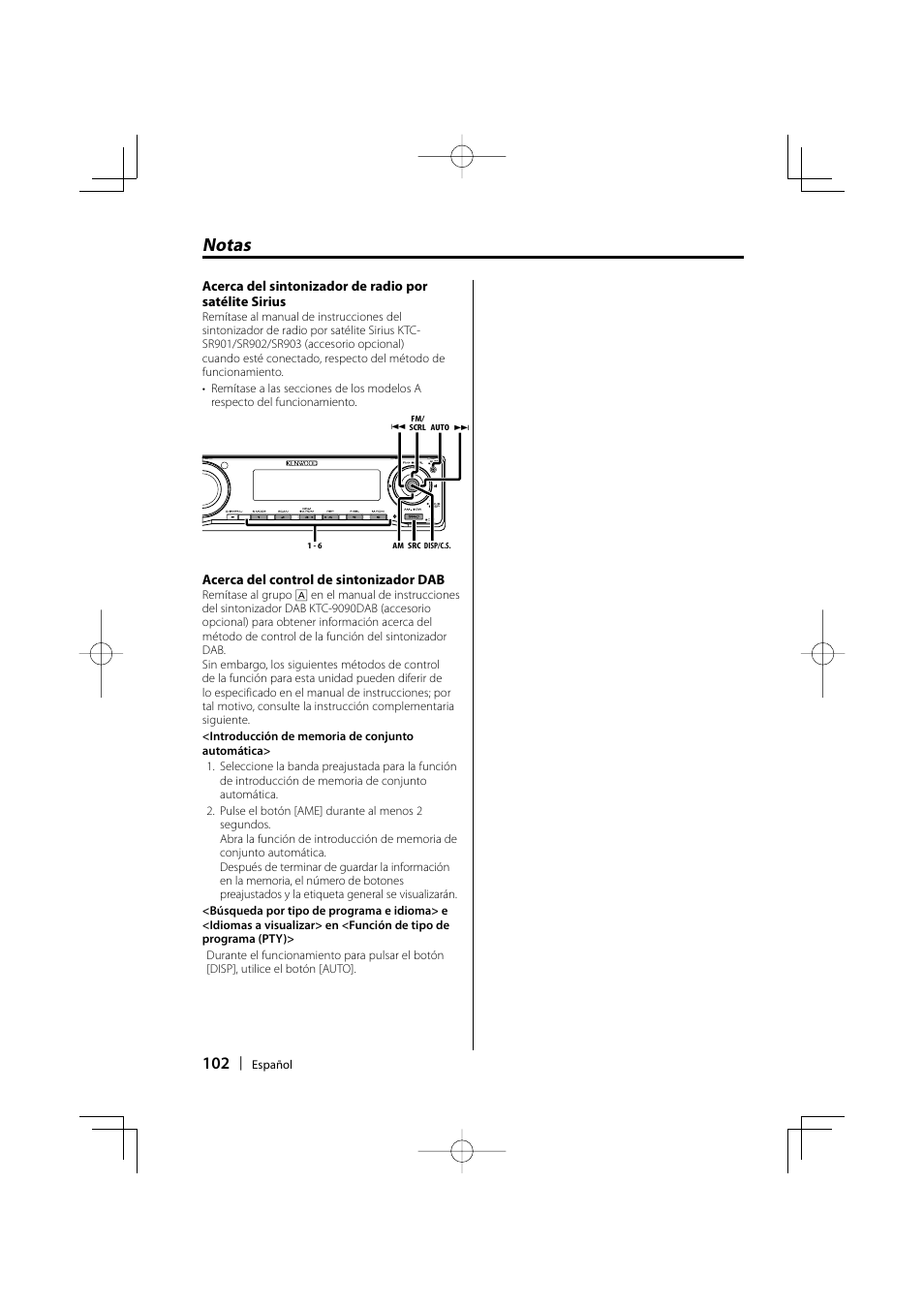 Notas | Kenwood eXcelon KDC-X590 User Manual | Page 102 / 144