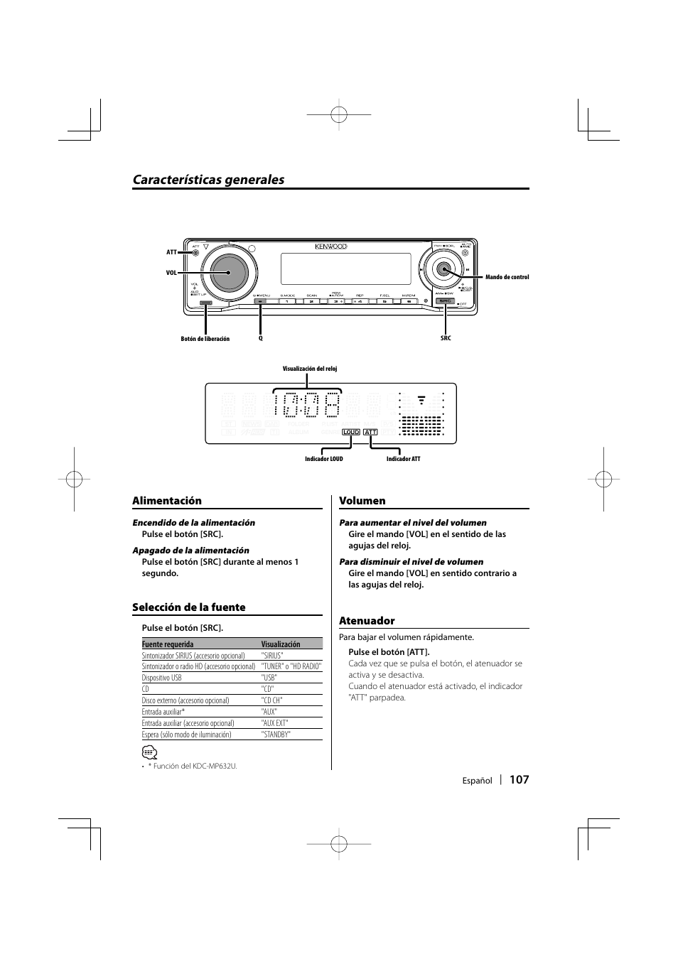 Características generales, Atenuador, Volumen | Selección de la fuente, Alimentación | Kenwood eXcelon KDC-X590 User Manual | Page 107 / 144