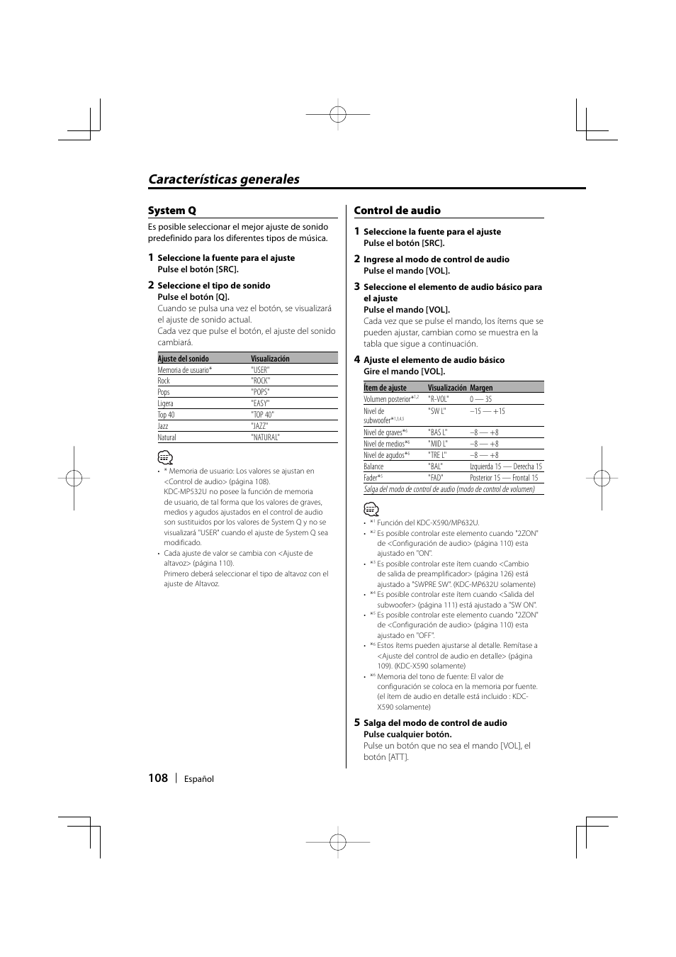Características generales, Control de audio 1, System q | Kenwood eXcelon KDC-X590 User Manual | Page 108 / 144