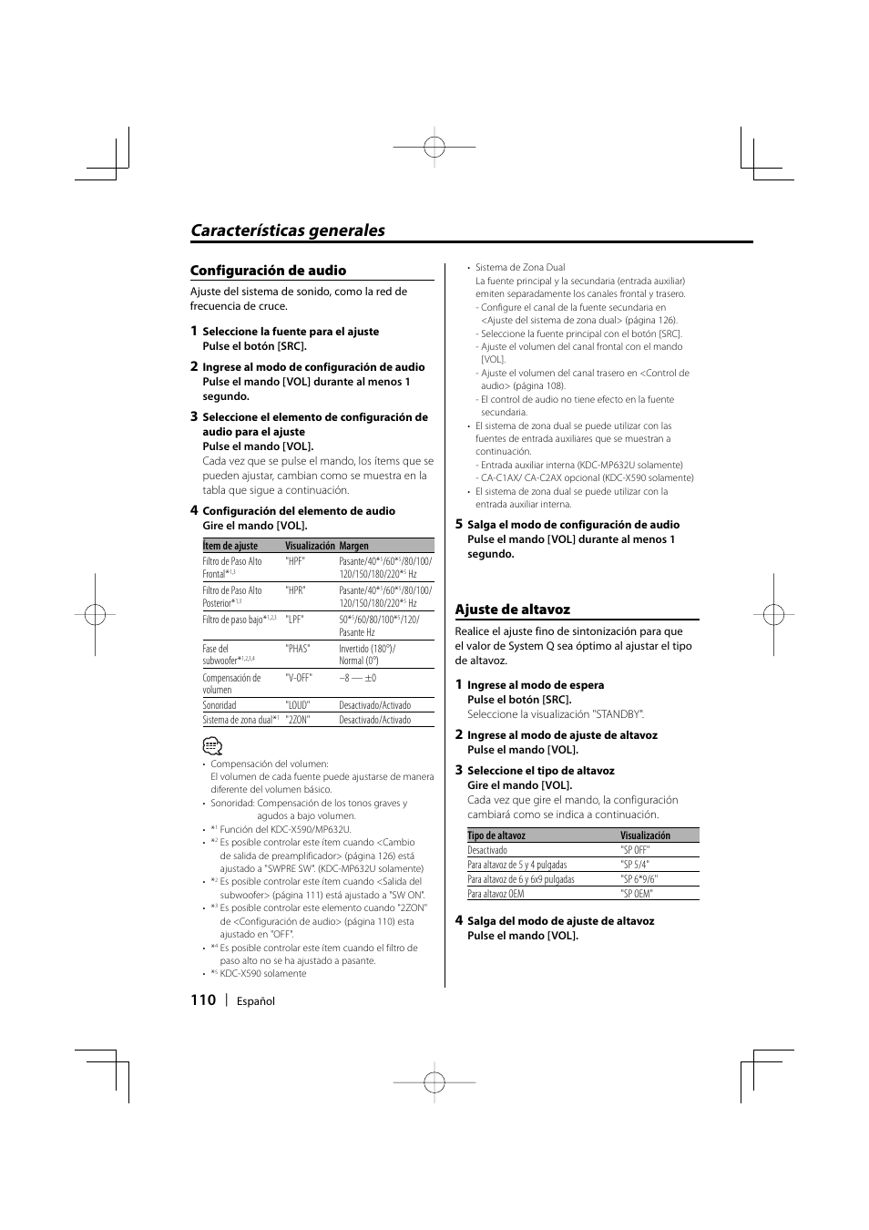 Características generales, Ajuste de altavoz, Configuración de audio | Kenwood eXcelon KDC-X590 User Manual | Page 110 / 144