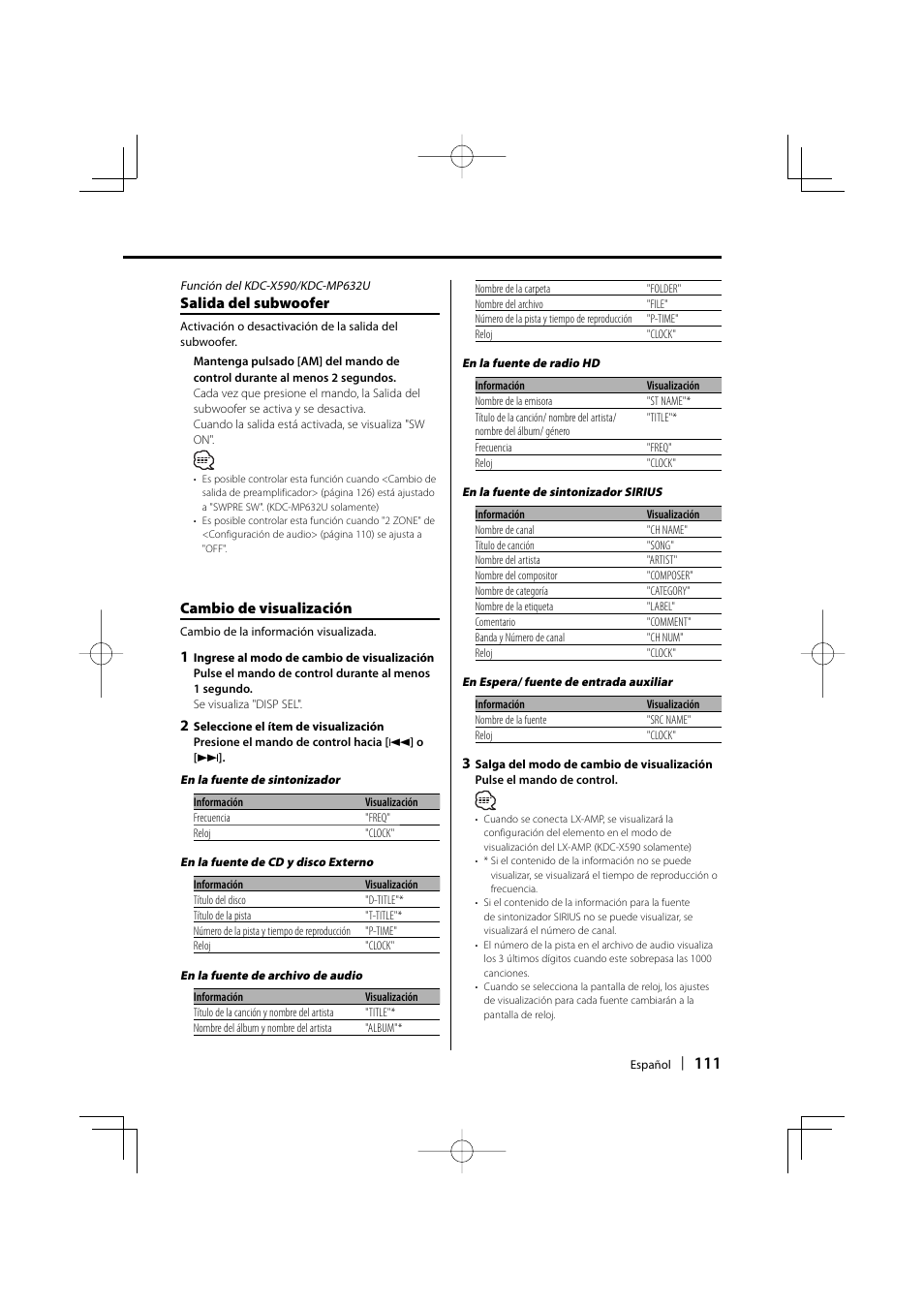 Salida del subwoofer, Cambio de visualización | Kenwood eXcelon KDC-X590 User Manual | Page 111 / 144