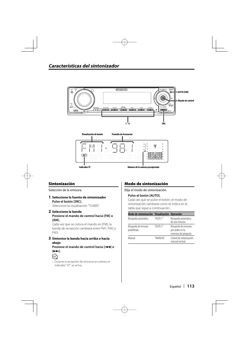 Características del sintonizador, Sintonización, Modo de sintonización | Kenwood eXcelon KDC-X590 User Manual | Page 113 / 144