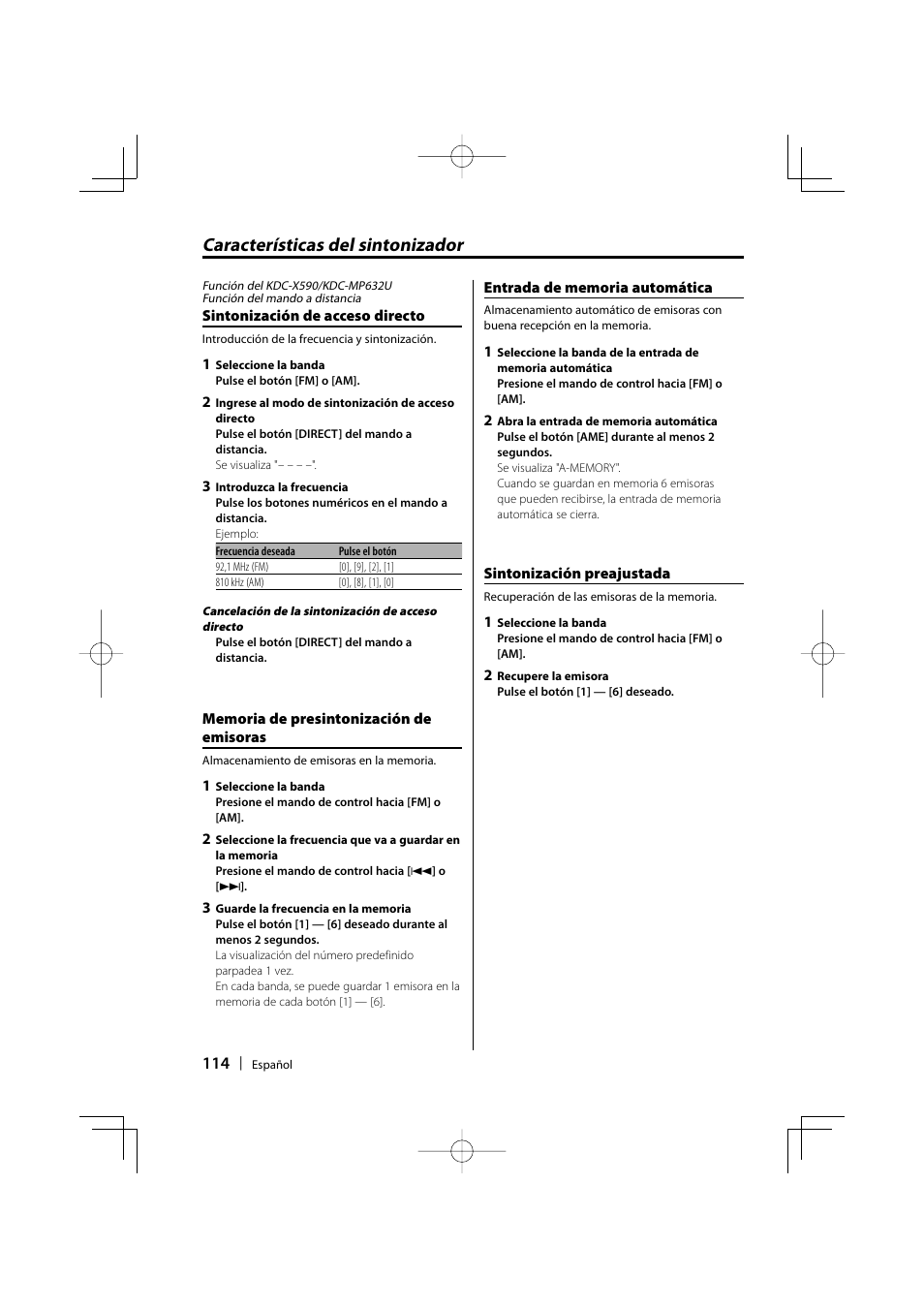 Características del sintonizador | Kenwood eXcelon KDC-X590 User Manual | Page 114 / 144