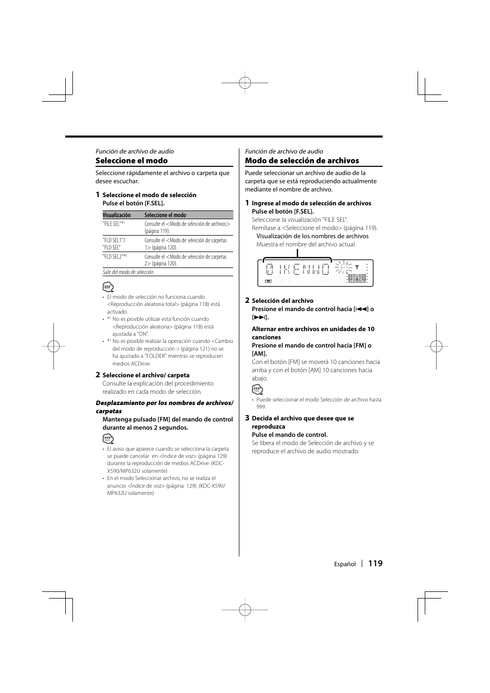 Modo de selección de archivos, Seleccione el modo | Kenwood eXcelon KDC-X590 User Manual | Page 119 / 144