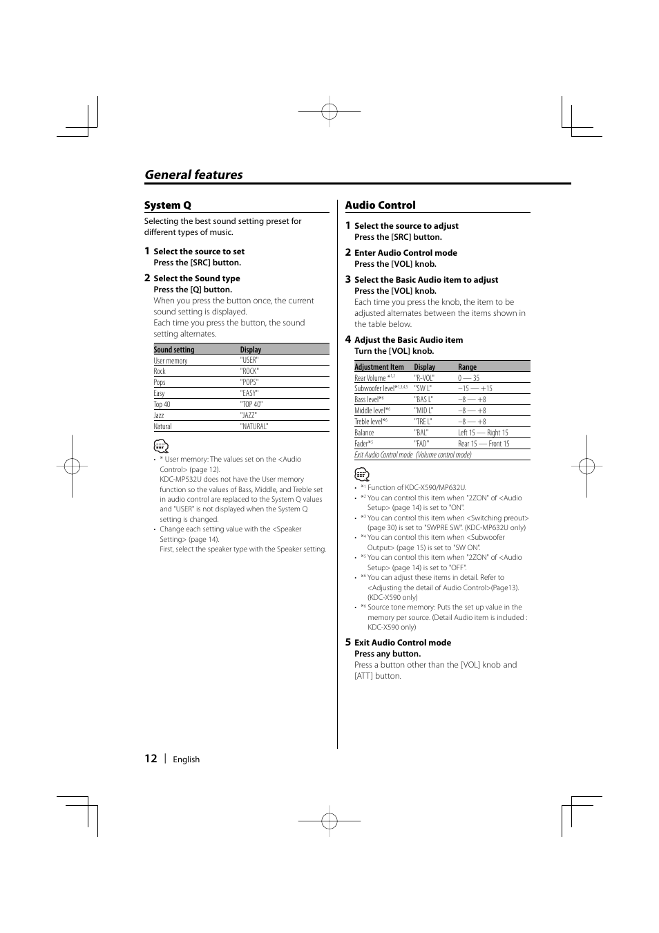 General features, System q, Audio control 1 | Kenwood eXcelon KDC-X590 User Manual | Page 12 / 144