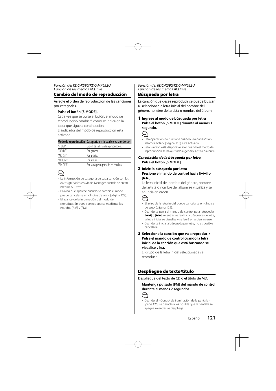 Despliegue de texto/título, Búsqueda por letra, Cambio del modo de reproducción | Kenwood eXcelon KDC-X590 User Manual | Page 121 / 144