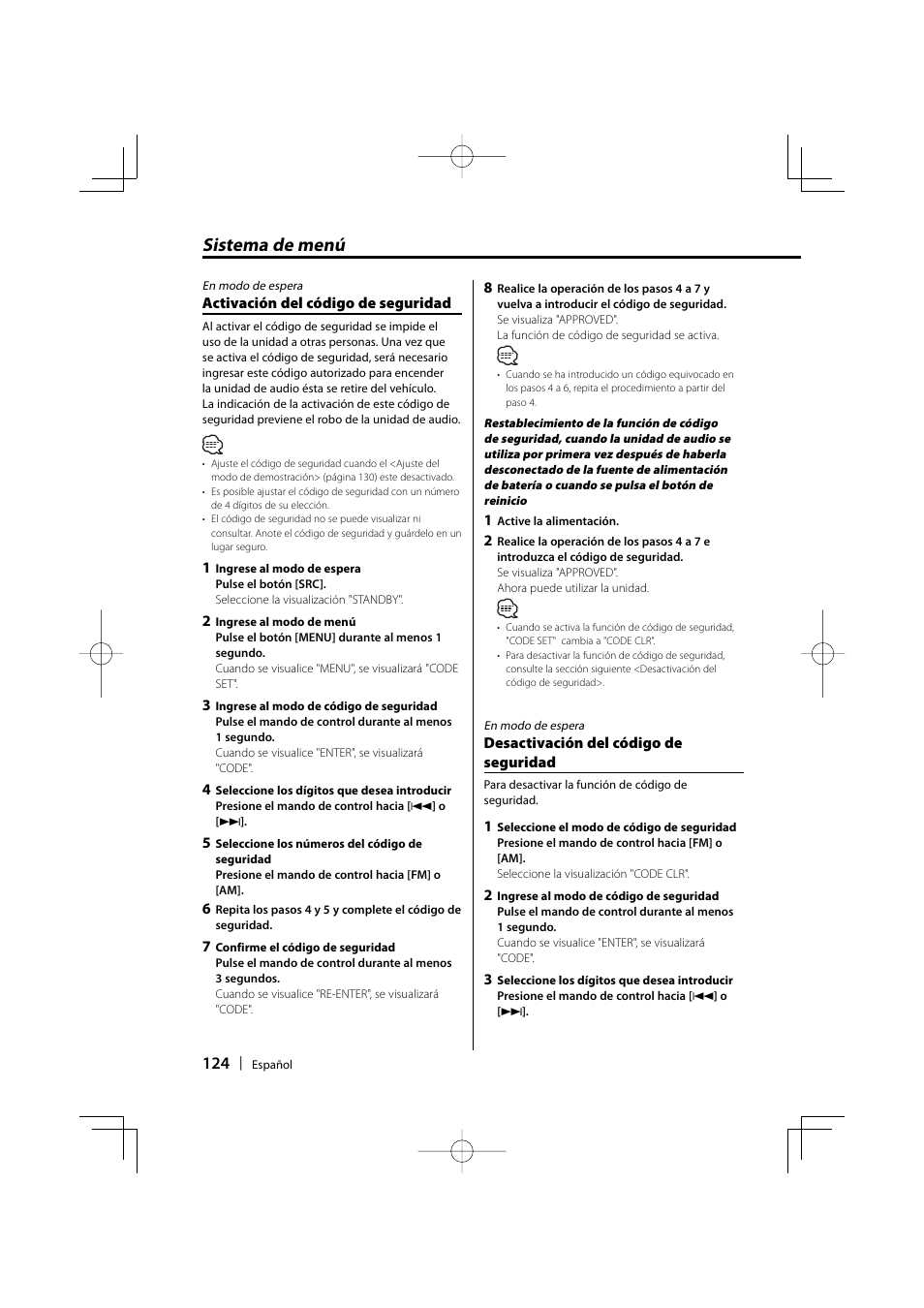 Sistema de menú | Kenwood eXcelon KDC-X590 User Manual | Page 124 / 144