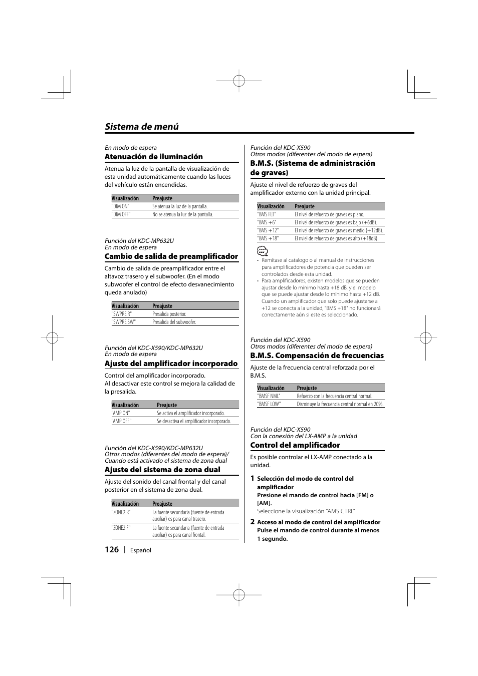 Sistema de menú | Kenwood eXcelon KDC-X590 User Manual | Page 126 / 144