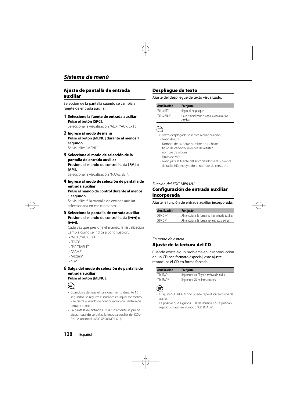 Sistema de menú | Kenwood eXcelon KDC-X590 User Manual | Page 128 / 144