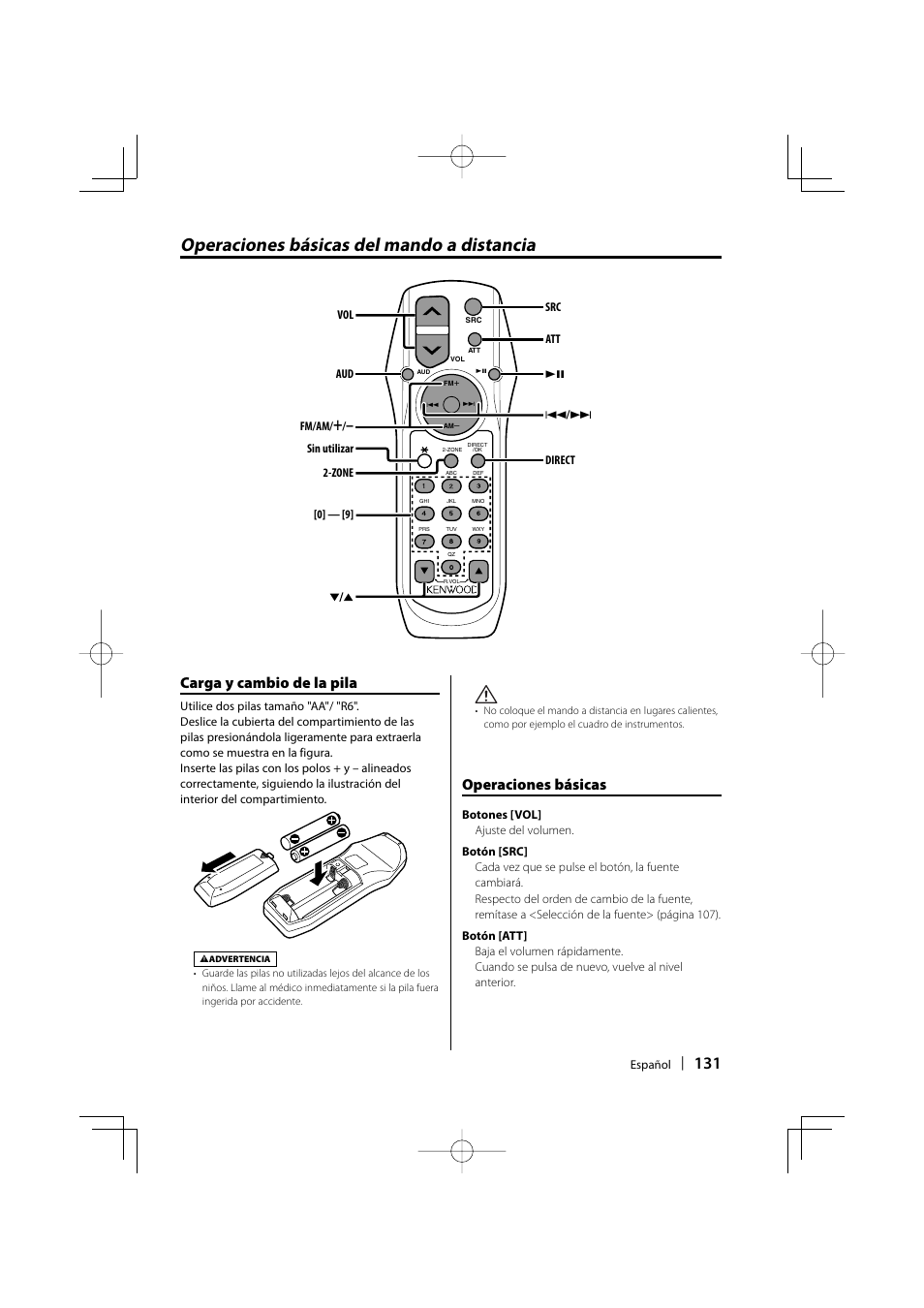 Operaciones básicas del mando a distancia, Carga y cambio de la pila, Operaciones básicas | Kenwood eXcelon KDC-X590 User Manual | Page 131 / 144